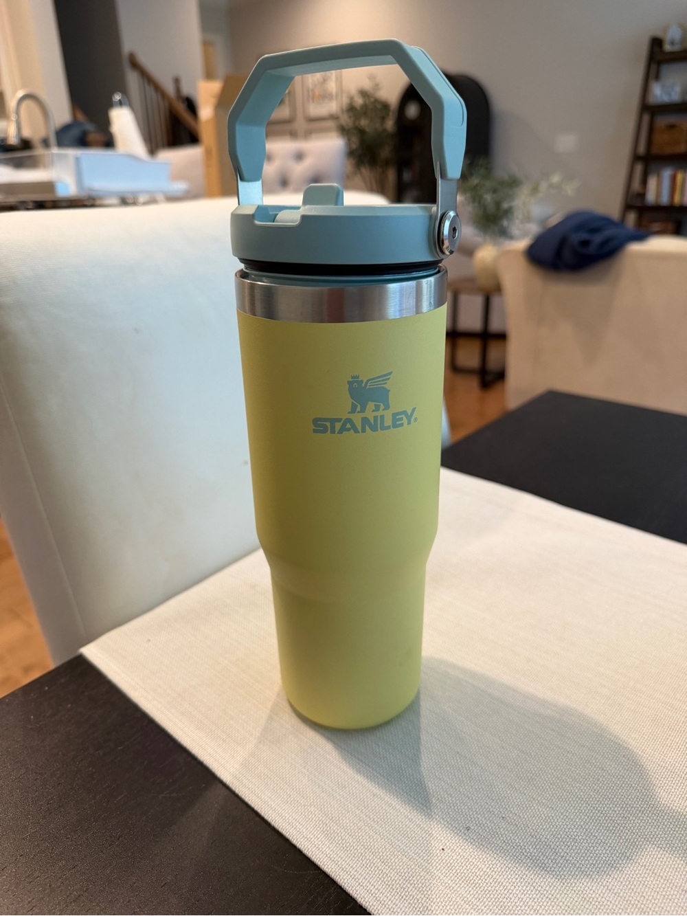 Stanley Yellow Travel Tumbler with Light Blue Handle